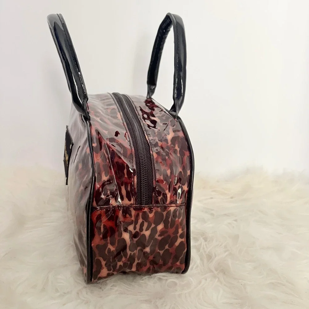 Betseyville Betsey Johnson Leopard Print PVC Mini Bowler Bag y2k Brown Black